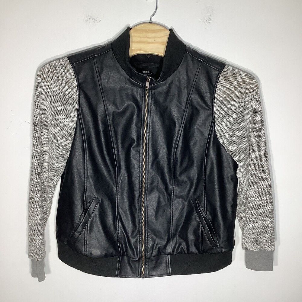 Torrid Womens Faux Leather Knit Sleeve Zip Up Jacket Black Size 1